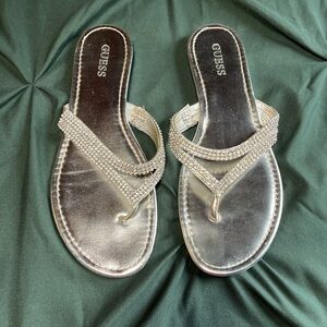 GUESS Silver Rhinestone Double-Strap Thong Sandals